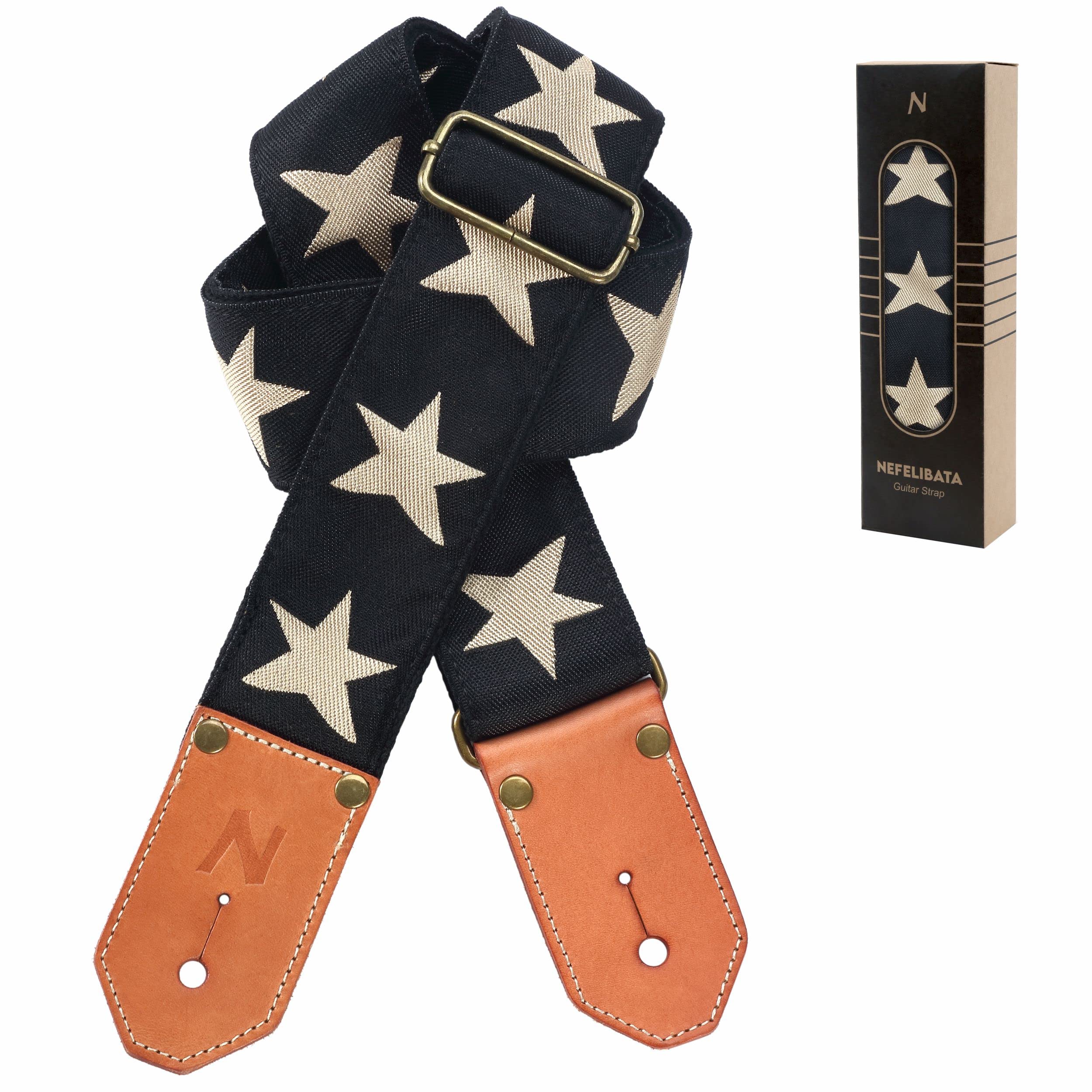 Nefelibata Cool Woven Guitar Strap -Cotton Guitar Straps with Thicked First Layer Vegetable Tanned Cowhide Leather Ends for Acoustic, Bass, Electric, Best Gift for Your Love Guitarists(Star)